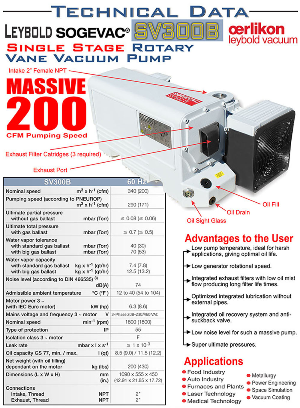 Leybold Sogevac SV300B Single Stage Rotary Vane Vacuum Pump, 3Phase